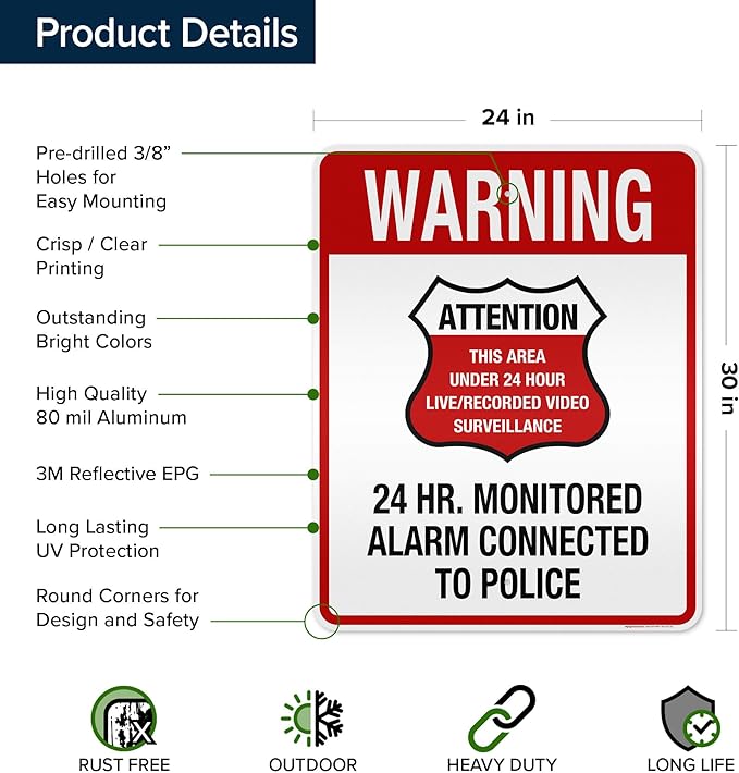 Warning 24 HR. Monitored Alarm Connected To Police Sign, 24x30 Inches, 3M EGP - Image 6