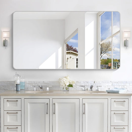 55x30 Inch Silver Bathroom Mirror, Large Rectangular Vanity Mirror, Metal