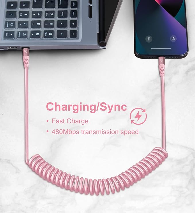 KIYODA USB C to Lightning Cable 3FTfor Car, Coiled iPhone Charger Fast Charging - Image 6