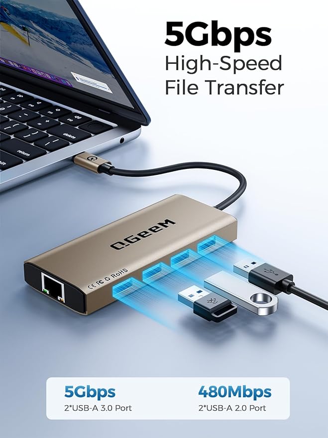 QGeeM USB C Hub Ethernet, 9 in 1 USB Type C Hub HDMI Multi-Port Converter - Image 4