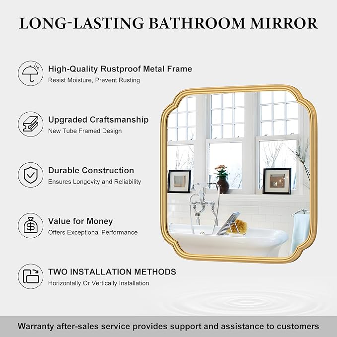 Gold Bathroom Mirror for Wall 24" x 24" Modern Rounded Corner Square Mirror - Image 5