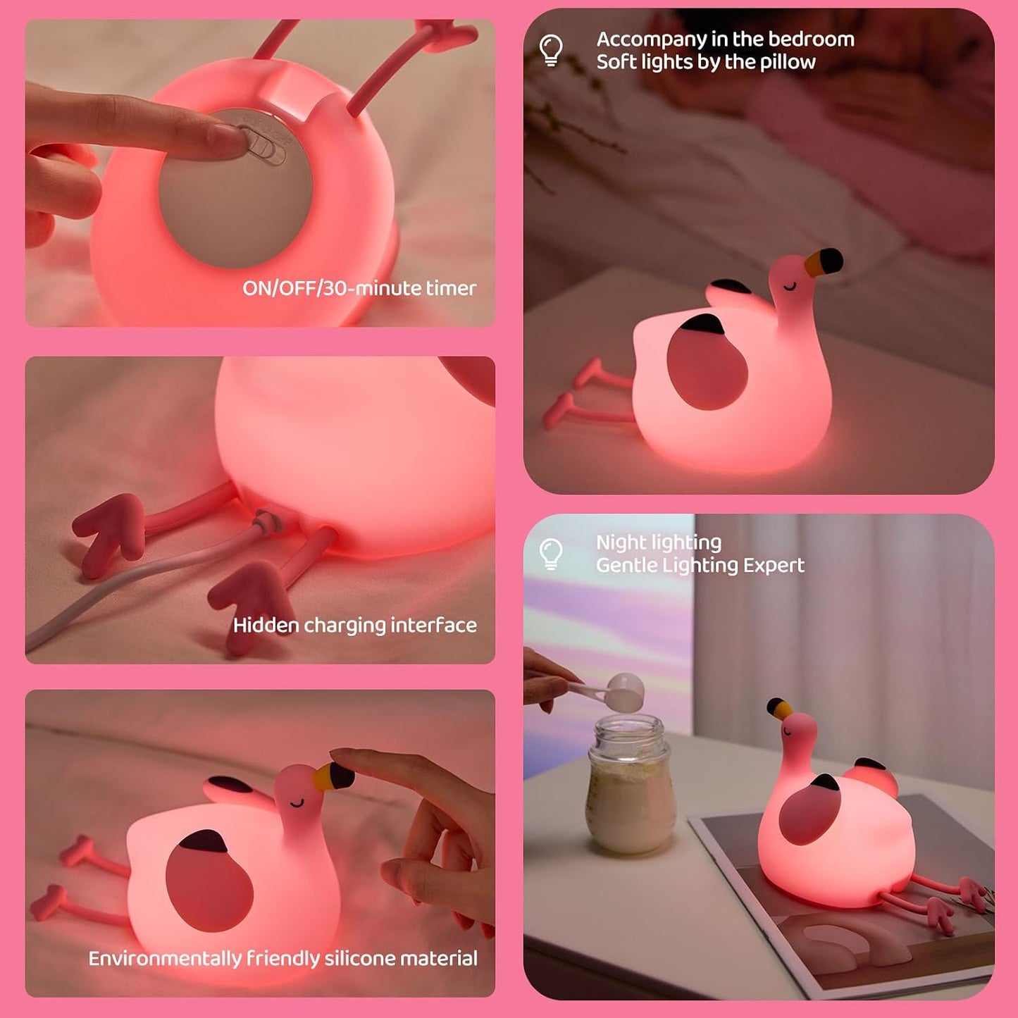 Pink Flamingo Night Light for Kids, Dimmable Silicone LED Baby Nursery Night Light, Funny Nightlight Girls Trendy Gifts, Rechargeable Bedside Lamp Kawaii Pink Decor for Bedroom Home Office