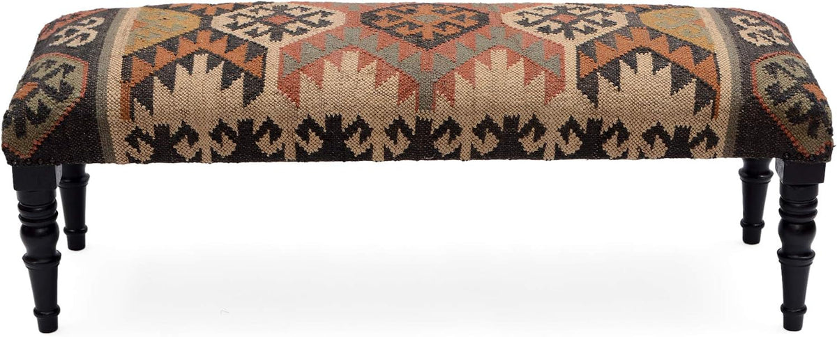 acacia wood kilim jute fabric upholstered bench |, main product view