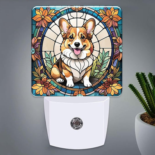 PODMemory Corgi Stained Glass Night Lights Plug into Wall by PODMemory