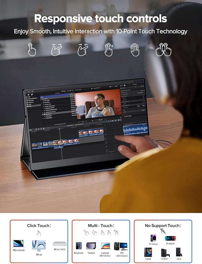 EVICIV Portable Monitor Touchscreen 15.6”, 125% sRGB 1080P IPS 10-Point Touch - Image 2