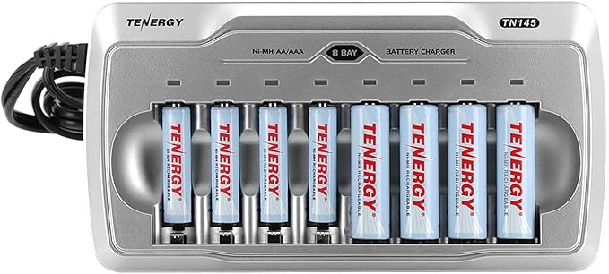 Tenergy TN145 8 Bay Charger and 4 Pack Rechargeable AA Batteries and 4 Pack by Tenergy
