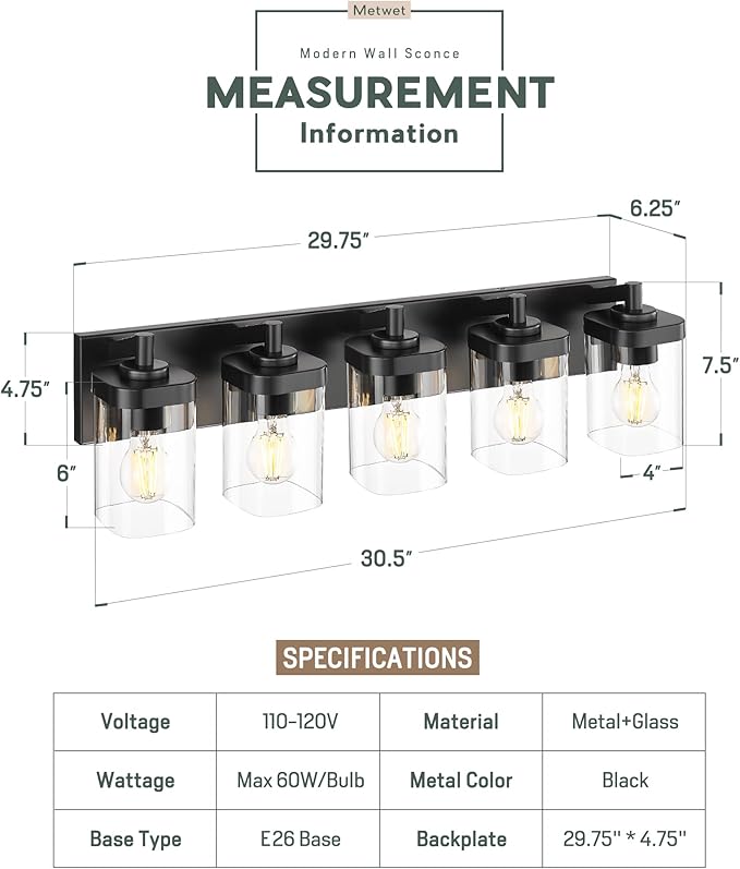 METWET Bathroom Light Fixtures, 5-Light 30" Vanity Light - Image 2