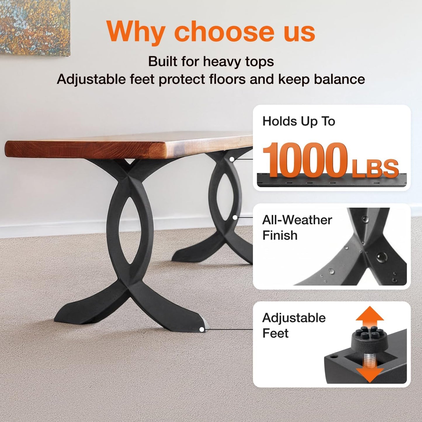 28" H 418 Curva Handcrafted Black Metal Legs for Dining Tables & Desks