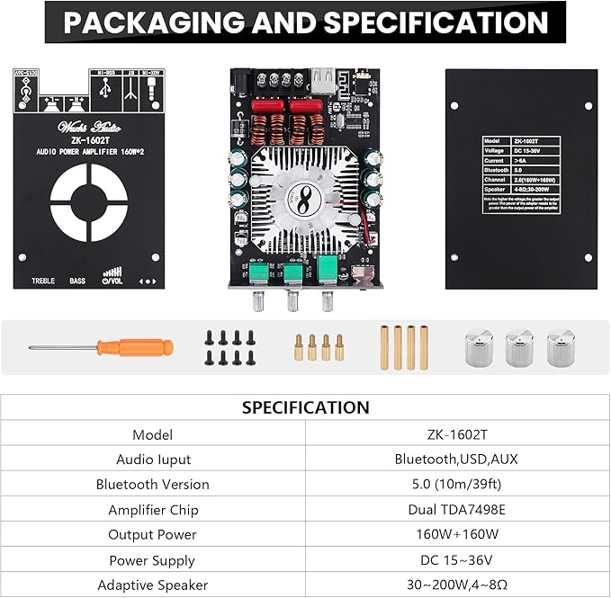 Audio Amplifier Board, ZK-1602T Bluetooth 5.0 Power Amp - Image 7