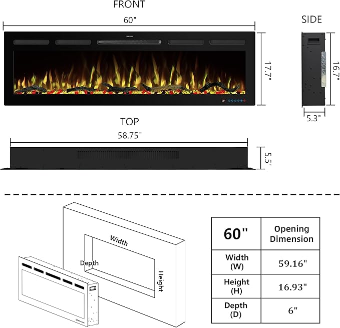 60" WiFi Electric Fireplace Inserts, Recessed and Wall Mounted Fireplace Heater - Image 6