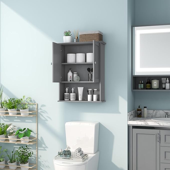 Grey Wall Mounted Bathroom Cabinet 24x30 Inch Wooden Over Toilet Storage Cabinet - Image 3