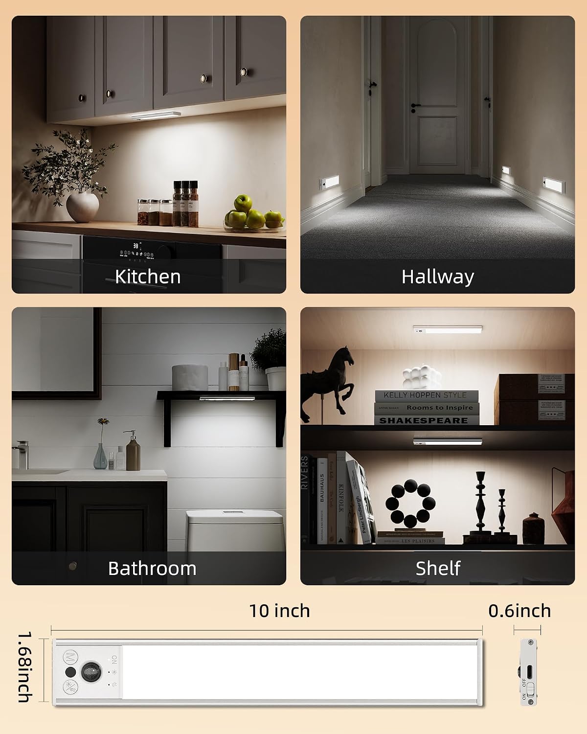 EZVALO 10inch Under Cabinet Lighting, LED Motion Sensor Light Indoor, 2400mAh USB Rechargeable Closet Lights, Dimmable & Magnetic Wireless Under Counter Lights for Kitchen, Pantry, Stairs (2 Pack)