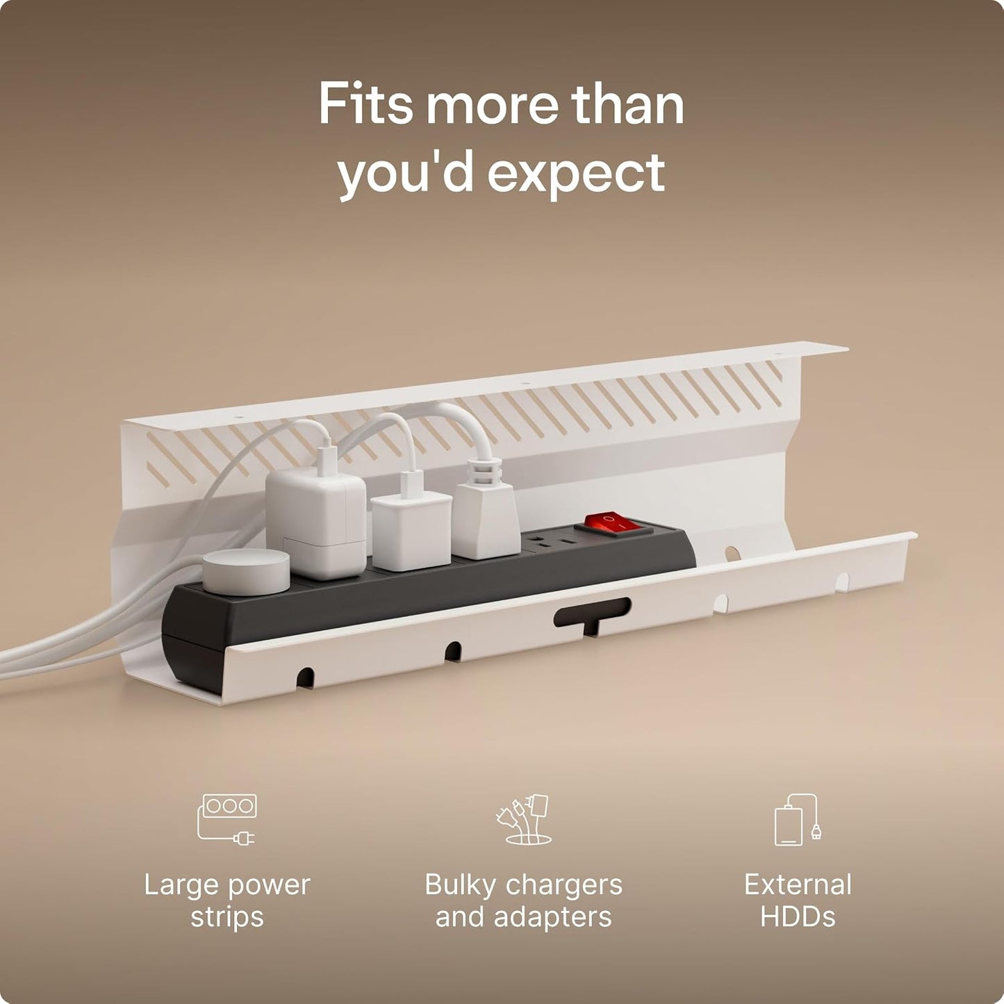 Desktronic Cable Duct Desk White Set of 2 - Stainless Steel Cable Management Desk Cable Duct with 5 Cable Cut-Outs - Easy to Install Cable Organiser - Cable Holder