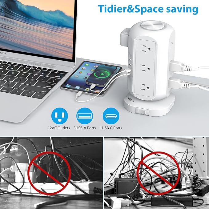 15 ft Long Extension Cord Power Strip Tower, AOFO Surge Protector 12 AC Outlets - Image 3