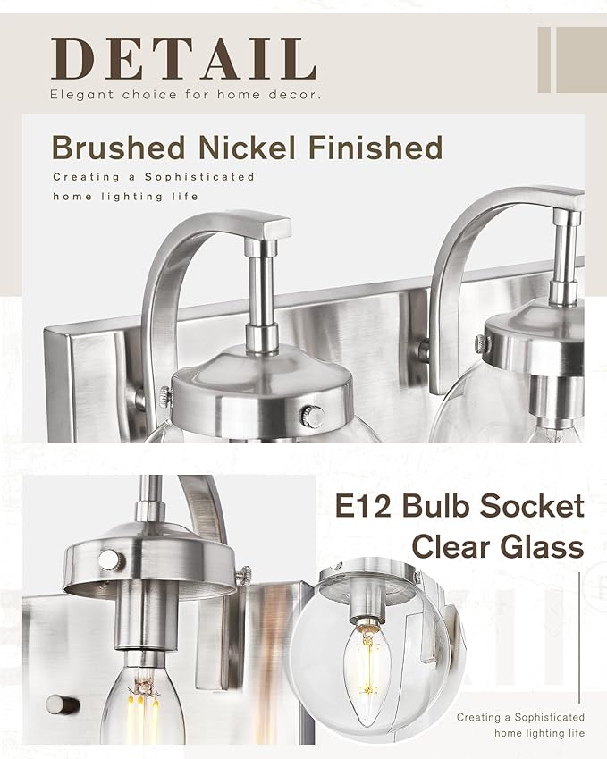 Beionxii Brushed Nickel Bathroom Light Fixtures, 3-Light Bathroom Vanity Light - Image 2