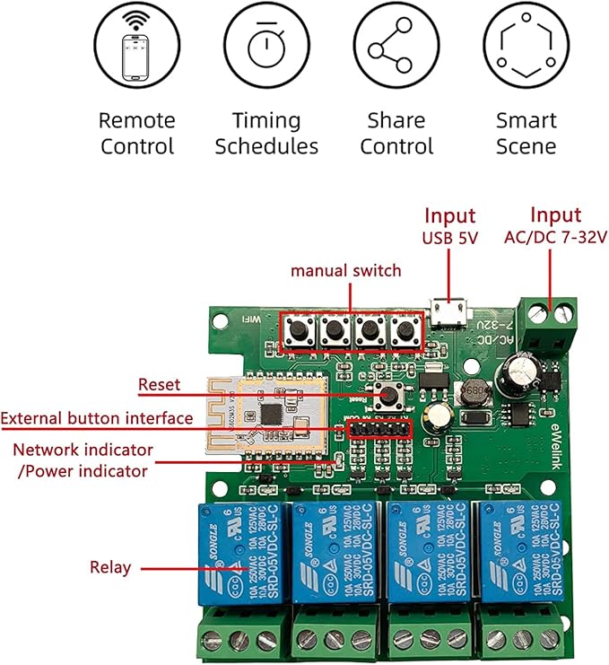 Newgoal 4 Channel Smart Switch, Momentan/Locking WiFi Relay, eWeLink App - Image 5