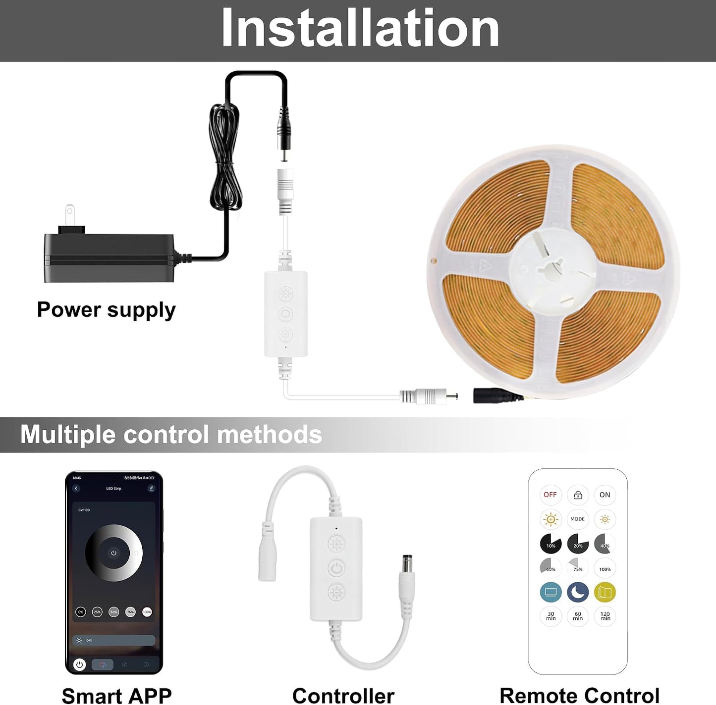 COB LED Strip Lights 9.84ft, White LED Light Strip 6000K, DC24V Tape Light, CRI93+, Bluetooth App Control, Dimmable LED Strips for Bedroom,Cabinet,Living Room.