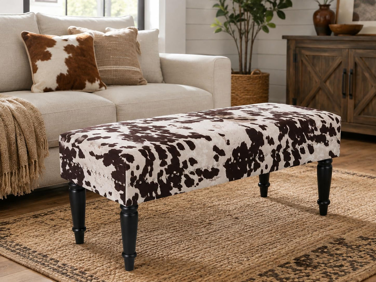 homebeez 39.4" cow print bench, upholstered bedroom cowhide showing dimensions