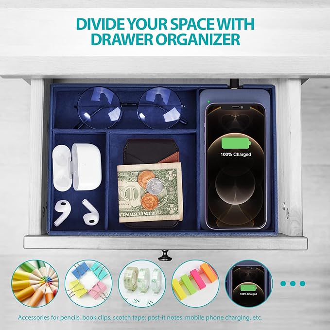 Valet Tray, Built in Wireless Charging Pad, Nightstand Organizer, Bedside - Image 5