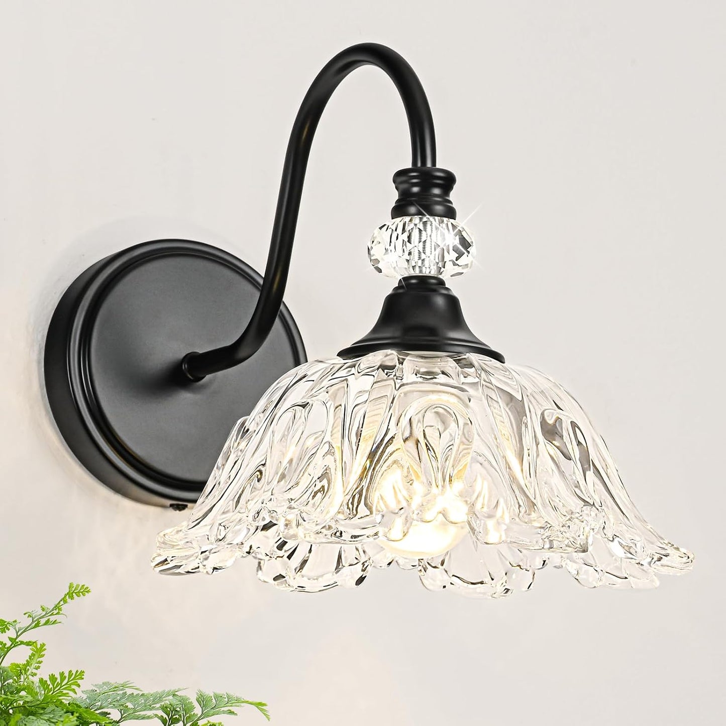 1 Piece Black Wall Sconce with Floral Clear Glass Shade, Black Farmhouse Wall Mount Lighting for Bathroom,Vintage Bathroom Vanity Light Fixture