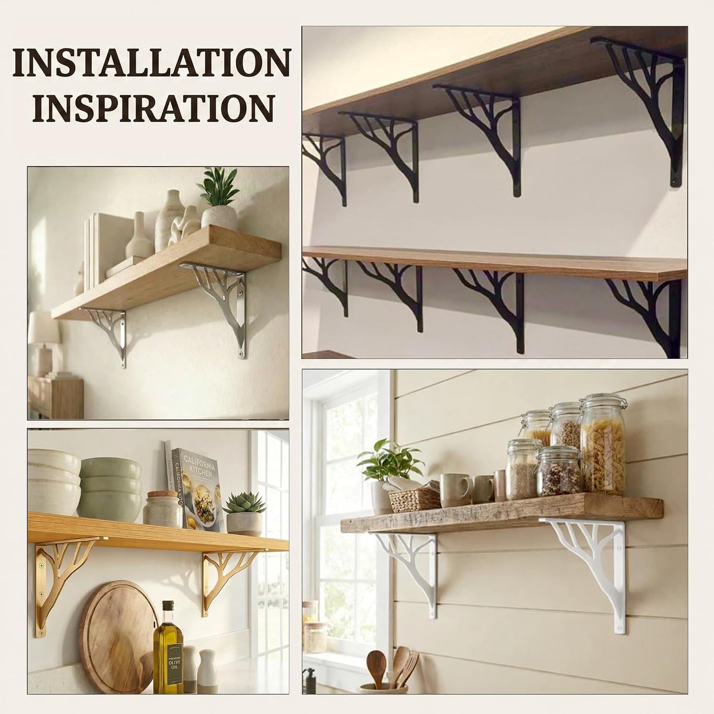 Rustic Tree Brass Heavy Duty Shelf Brackets 10 inch by Balin Designs, Gold Decorative L Brackets, Iron Metal Floating Shelf Bracket, Wall Mount Shelving Bracket, Included Hardware, Set of 4