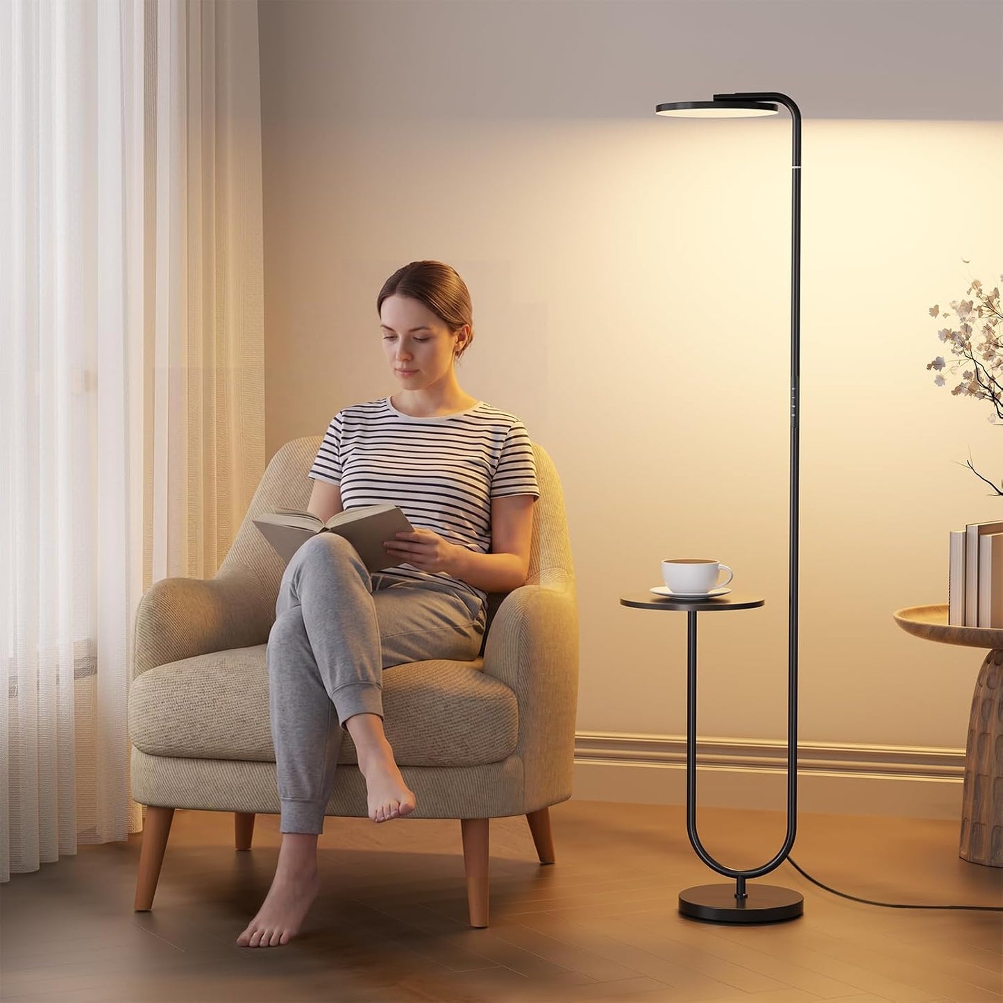 36W LED Floor Lamp with Table, Super Bright Standing Lamp, Modern Stepless Dimmable Torchiere Tall Lamp with Remote Control, 350°Rotating Head Floor Lamp for Living Room, Bedroom, Office