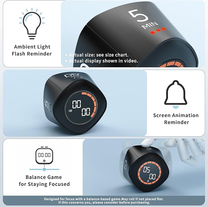 VEWINGL Cube Productivity Timer, 5/10/25/DIY Min Presets + Count-Up Mode - Image 6