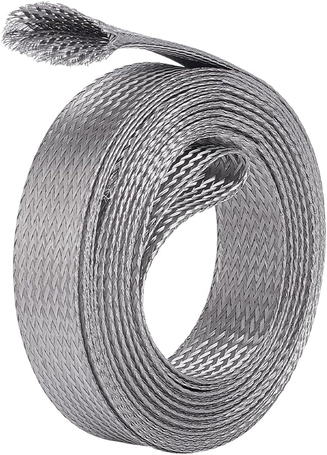 UNICRAFTALE 13.12ft(4m) 0.7" W Braided Sleeving Braid Stainless Steel Cable Wire Shielding Sleeve Ground Straps Protection Flat Metal Mesh Flexible Expandable Scalable Ribbon Wire for Protect Cable