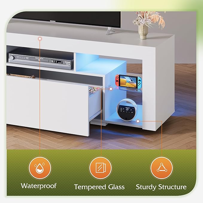 WLIVE TV Stand with LED Lights & 2 Large Storage Drawers, Modern Entertainment - Image 7