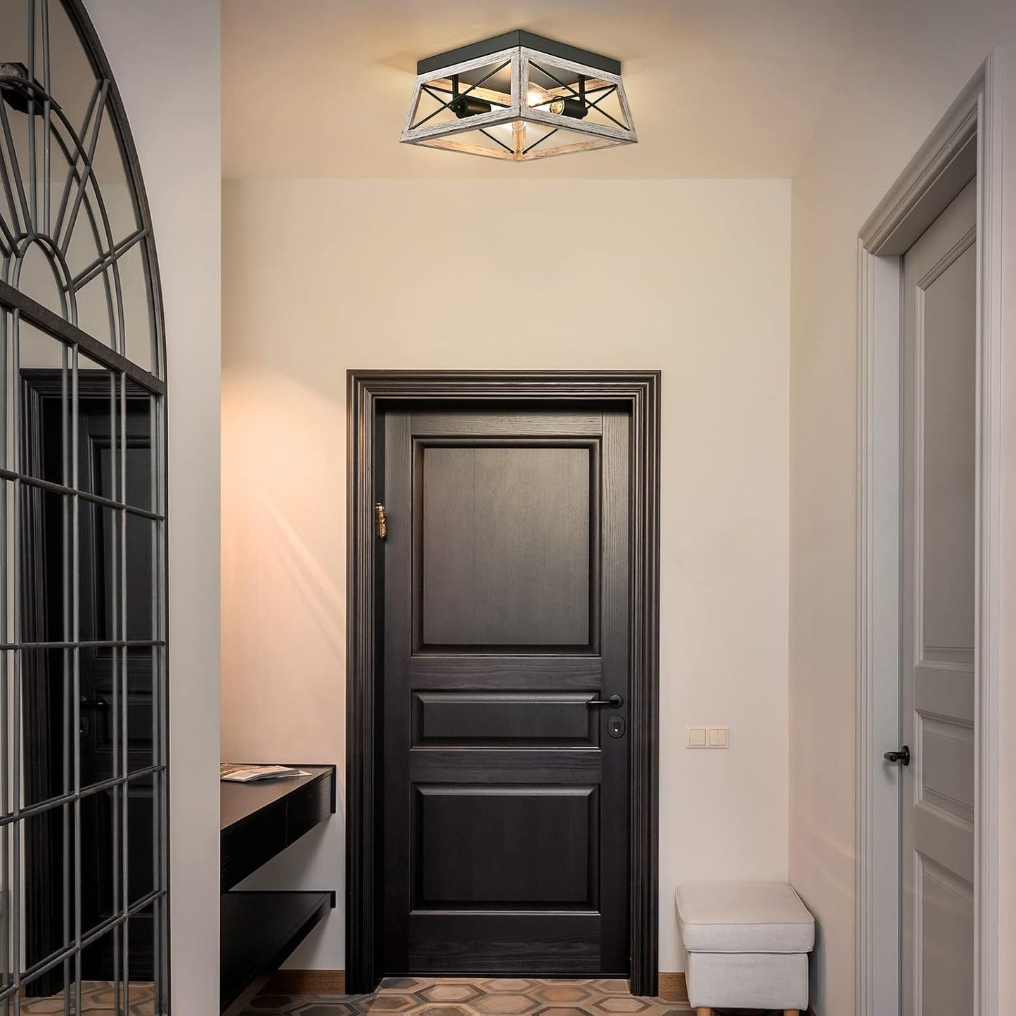 DEWENWILS Farmhouse Flush Mount Ceiling Light, Metal Light Fixture with Wood Grain Finish, 2-Lights Hallway Light Fixture Ceiling Mount for Entryway, Foyer, Dining Room | 2-Lights, Hardwired, E26 Base, Open-Caged, Metal Fixture for Kitchen, Hallway