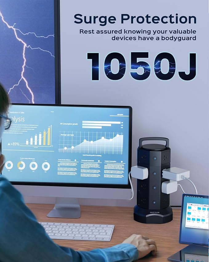 Power Strip Tower Surge Protector, JACKYLED 16 Outlets 6 USB Charging Station - Image 7