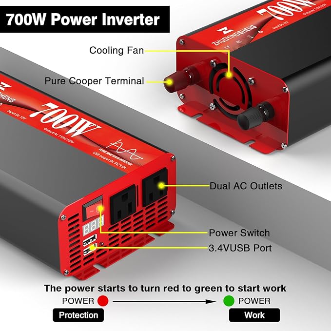 700W Pure Sine Wave Inverter 12V DC to 120V AC – 1400W Peak, Power Inverter - Image 3