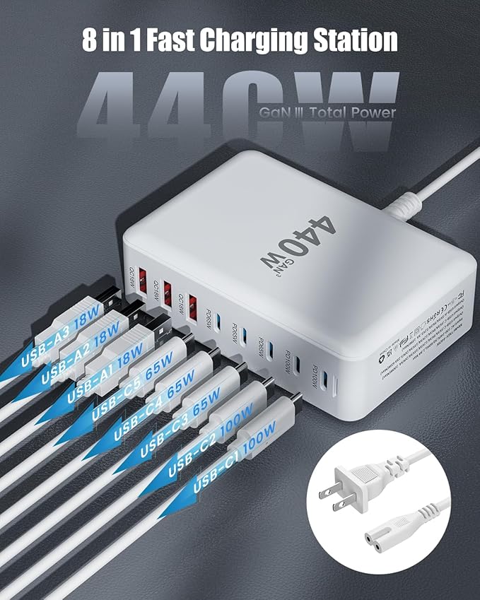 USB C Charger Block 440W Charging Station Hub, 8 Port GaN III Fast Charging - Image 4