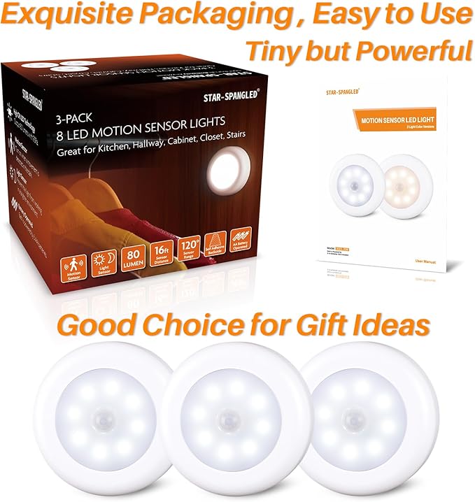 STAR-SPANGLED 3 Pack 3.1” Motion Sensor Lights Indoor AA Battery Operated - Image 8