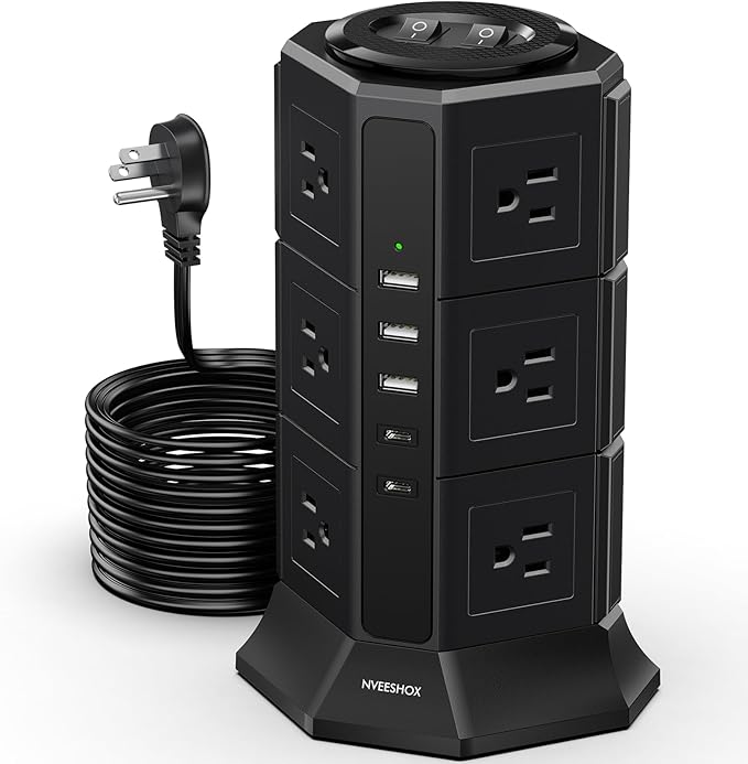 Surge Protector Power Strip Tower, 10FT Ultra Flat Extension Cord by NVEESHOX