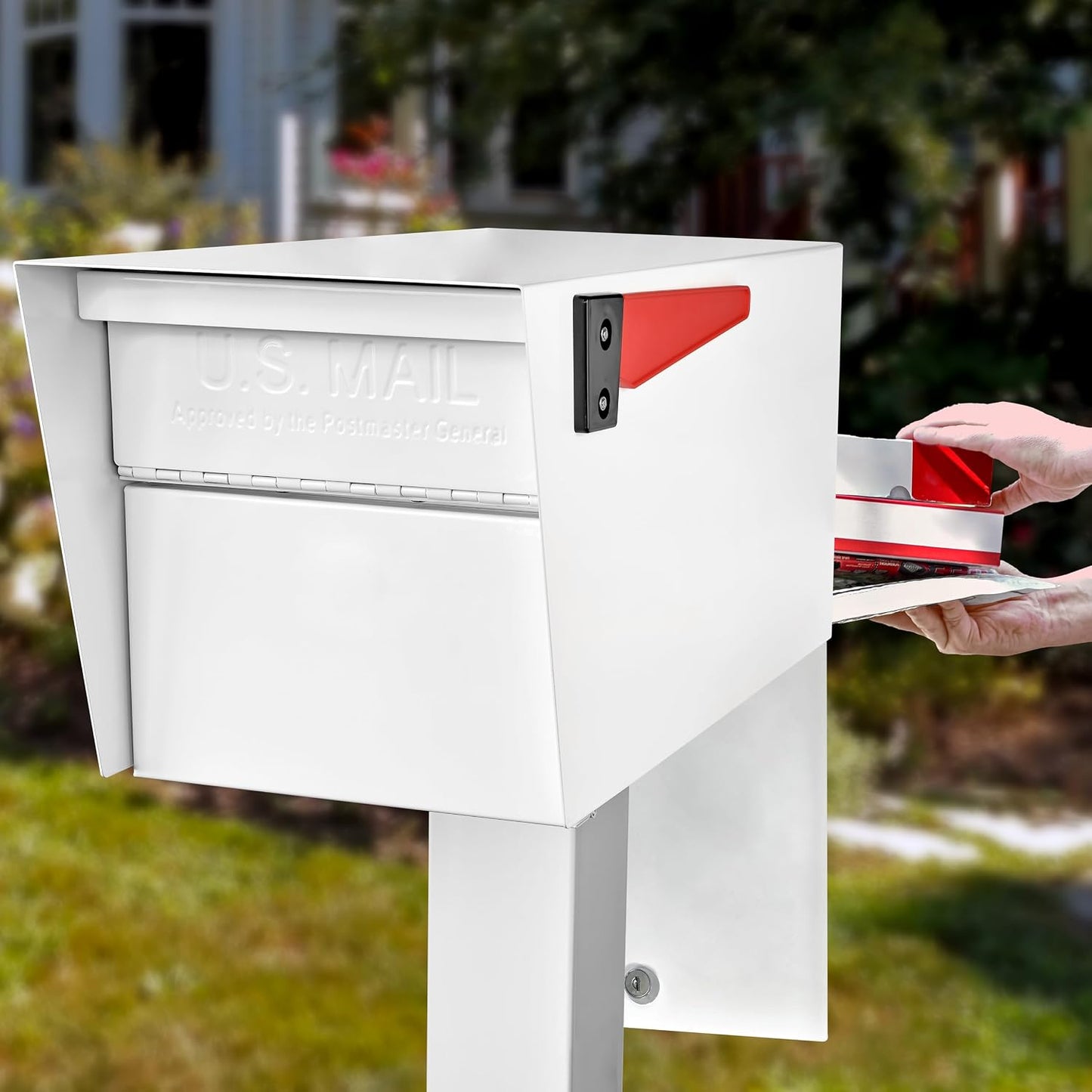 Mail Boss Mail Manager Street Safe Rear Access Locking Post Mount Mailbox | Rear retrieval door keeps you out of the street, anti-pry double-cam lock, USPS approved, accepts small packages.