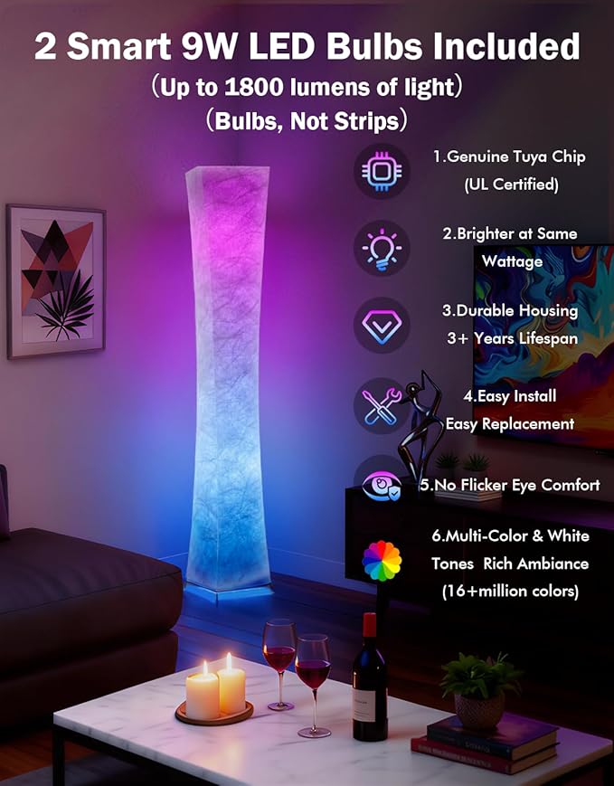 LEONC RGB+CCT Floor Lamp with Remote, 1800lm LED Tuya Smart 9W×2 Bulbs - Image 2