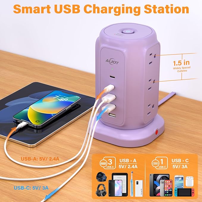 AiJoy Power Strip Tower with 9 Outlets and 5 USB Ports, 1200J Surge Protection - Image 4