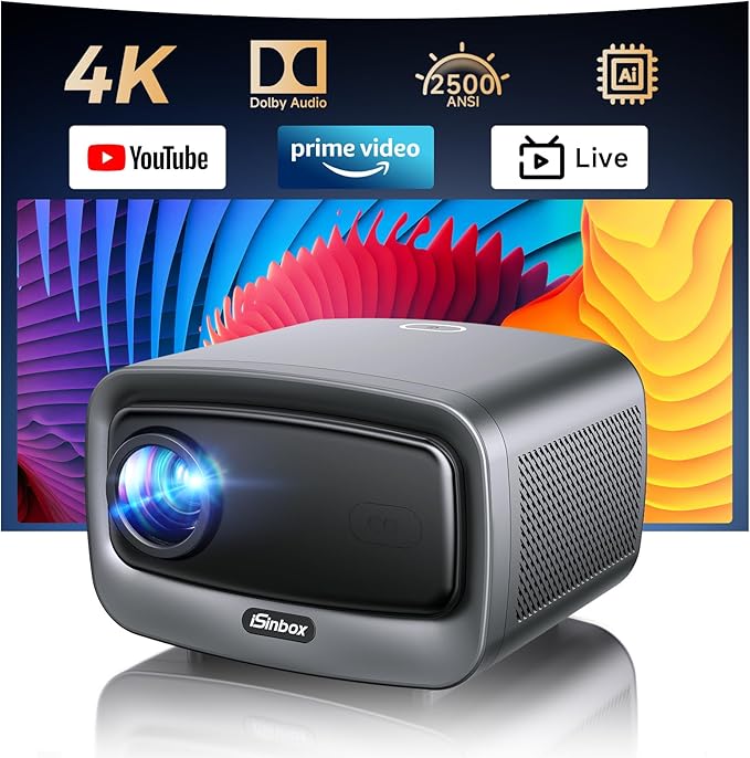 Smart Projector 4K with WiFi 6 and Bluetooth 5.3, 6D Keystone Outdoor Movie by iSinbox