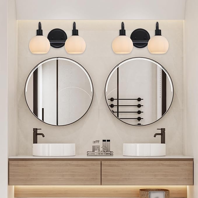WINSHEN 2-Light Black Bathroom Light Fixture, Milk White Globe Wall Sconce Lamp - Image 5