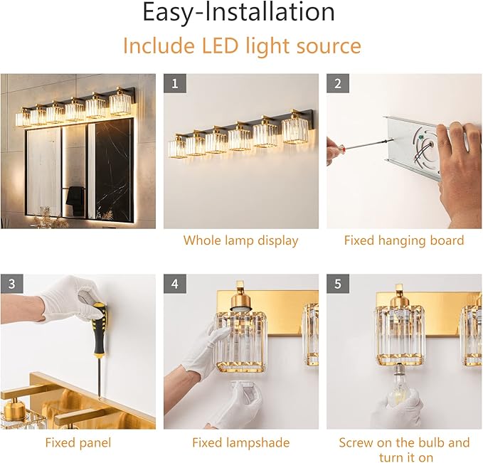 FDPBY Modern Bathroom Vanity Light 6-Lights Black Gold Crystal Bathroom Wall - Image 6