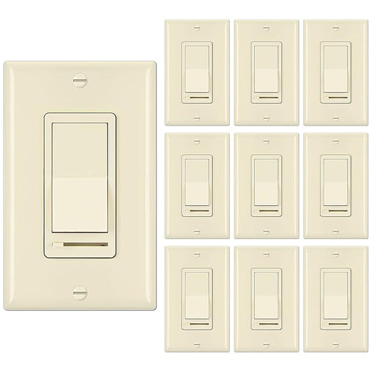 BESTTEN 10 Pack Almond Dimmer Light Switch, 3 Way or Single Pole Dimmer Switches by BESTTEN