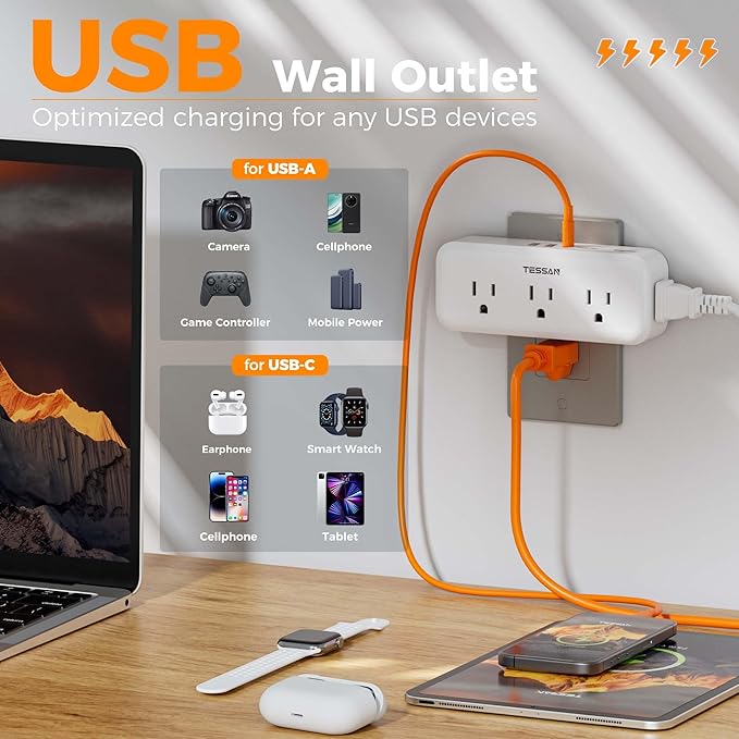 Multi Plug Outlet Splitter, TESSAN Multiple Plug Surge Protector, 5 Outlet - Image 3