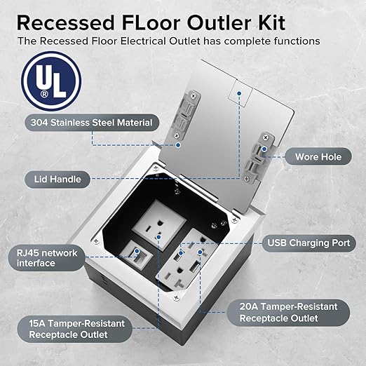 Vagueior Recessed Flat Hidden Floor Electrical Outlet Box Kit, Stainless Steel - Image 2