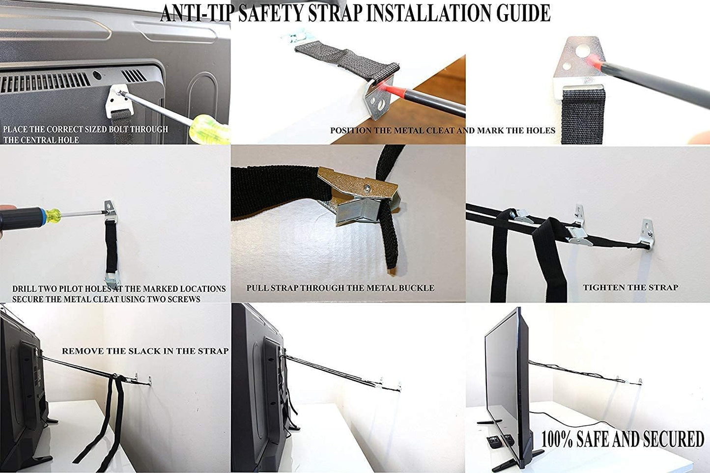 Heavy Duty Metal Anti Tip Straps - Adjustable Safety Furniture Wall Anchors for Baby Proofing Flat Screen TVs, Dressers, Bookcases, Cabinets - No Plastic Parts - Pack of 2