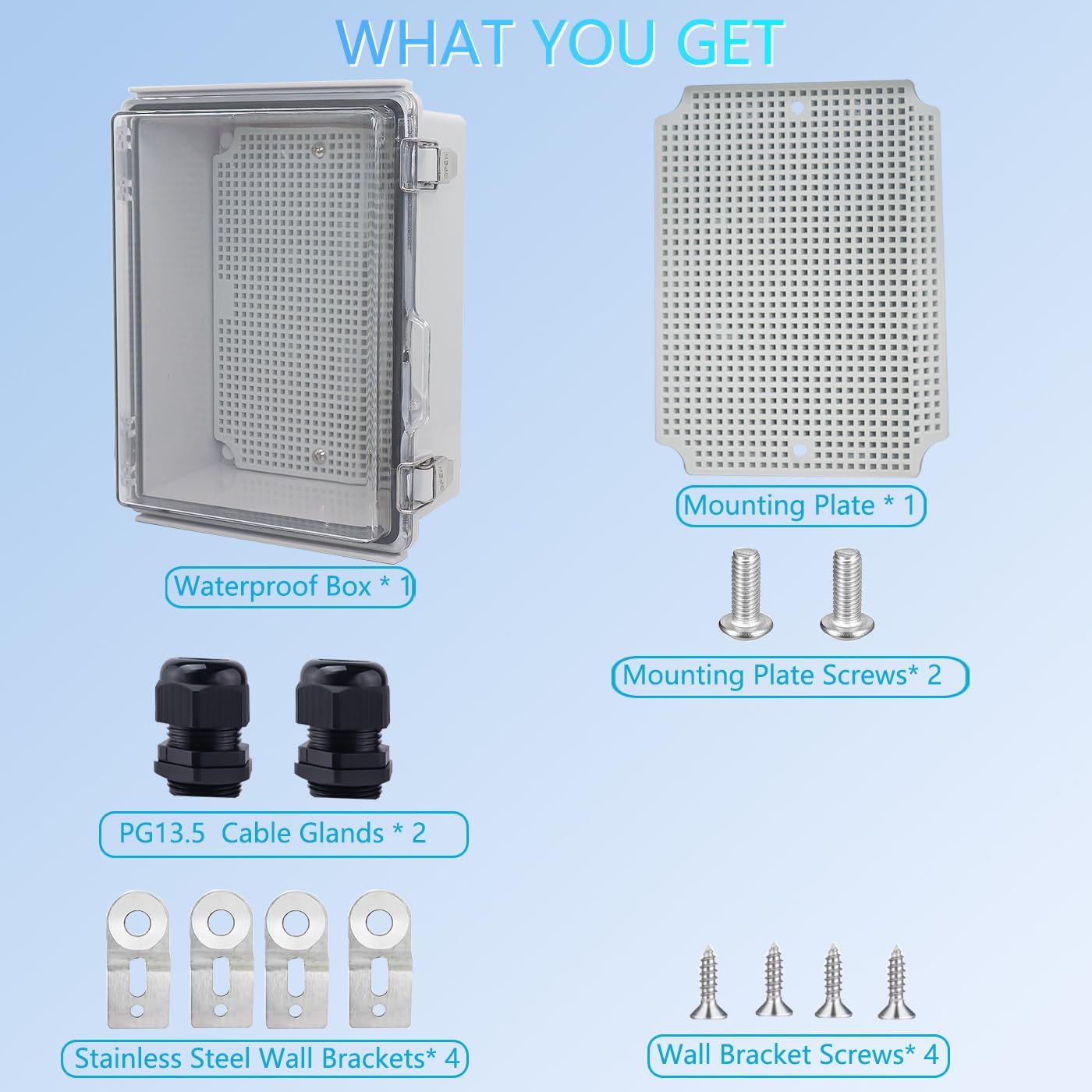 Waterproof Junction Box, ABS Plastic Electrical Box with Stainless Steel Latch, Hinged Cover Electric Project Enclosure Box with Mounting Plate, Wall Brackets & Cable Gland 8.7"x6.7"x4.3"