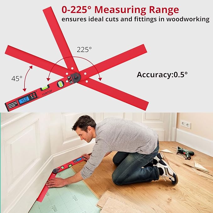 XUNTOP 0-225°/0.5° Digital Angle Finder 16” Aluminum Angle Measuring Tool - Image 2