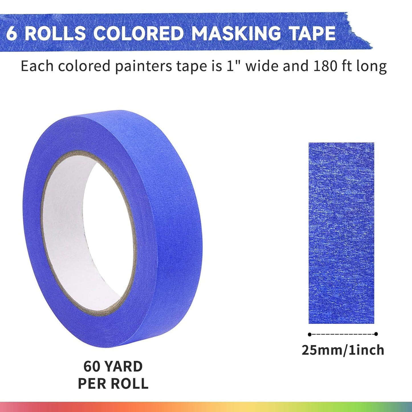 Colored Masking Tape - 6 Large Rolls - 60yds x 1 Inch of Each Colorful Craft Tape, Vibrant Rainbow Color Teacher Tape for Arts & Crafts, Labeling& Classroom Decorations, Back to School Supplies