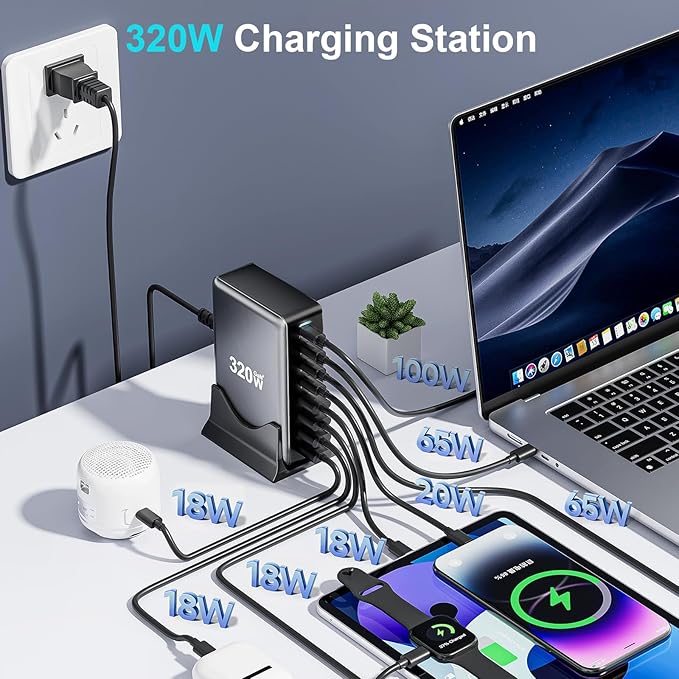 320W USB C Fast Charger Block, 8 Port USB Charging Station, GaN Ⅲ Pro 100W PD - Image 2