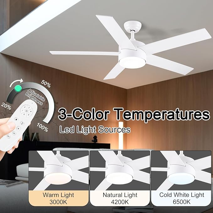 POCHFAN 52 inch White Ceiling Fans - Image 2